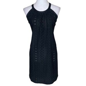 WIHOLL Black Eyelet Halter Dress XXL - Sleeveless Pointelle High Neck LBD